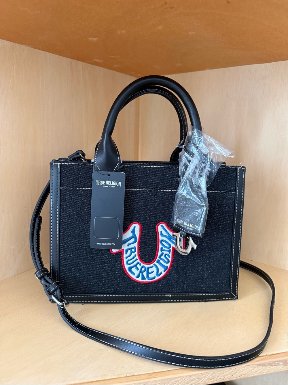 True Religion Black Denim Mini Tote Crossbody Bag Embroidered Horseshoe NWT